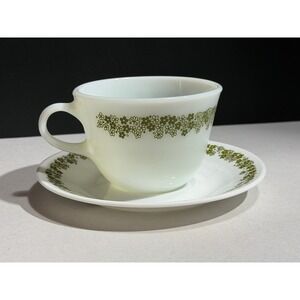 Corelle Pyrex Spring Blossom Green Crazy Daisy Tea Cup and Saucer Set Vintage